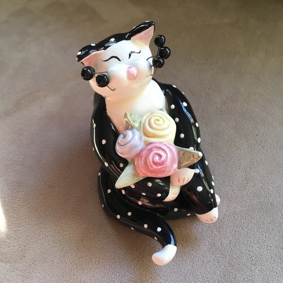 2001 Amy Lacombe Ceramic Black Polka Dot Tuxedo Cat Collectible Figurine - Picture 15 of 16